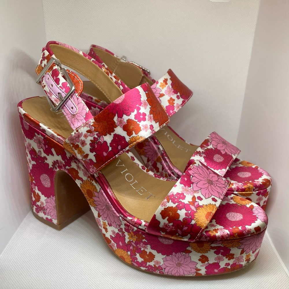 Chelsea & Violet Pink and Orange Retro Flowers Platform Shoes SZ 6